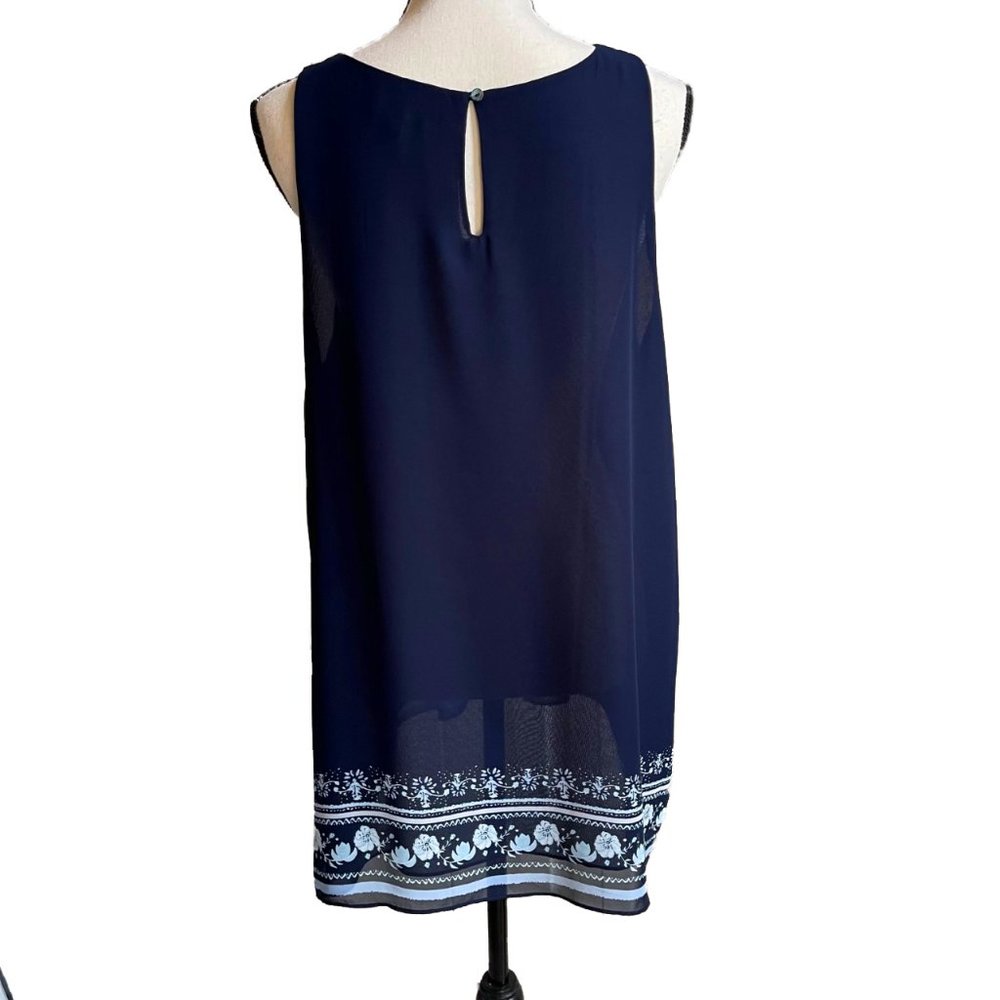MAX STUDIO Sleeveless Tunic Top Sheer Crepe Navy Light Blue Lined XL - Picture 4 of 12